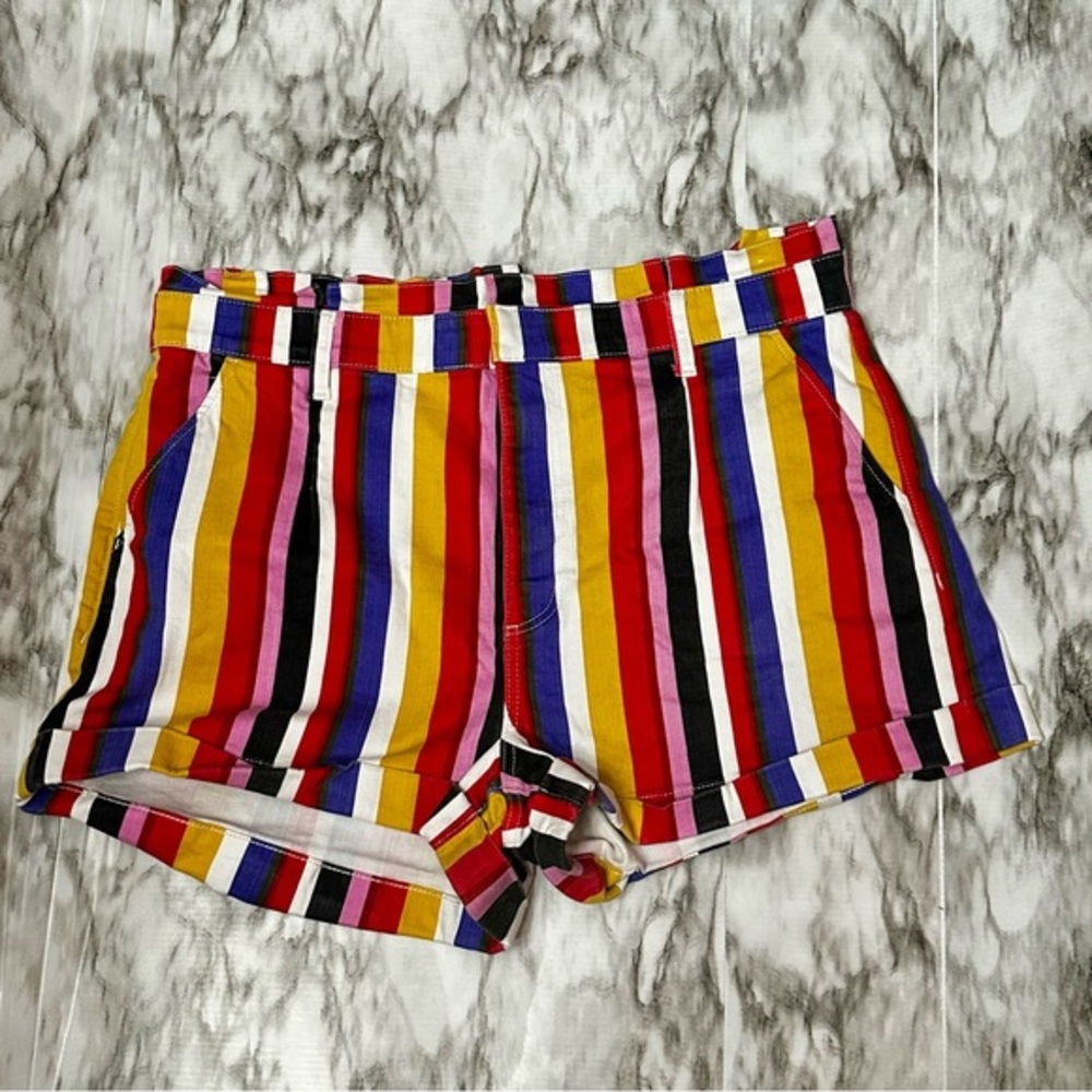 Express Womens Sz 18 Bold Multi Color Striped Extreme High Rise Shortie Shorts - Picture 1 of 7